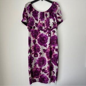 MODA International 100% Silk, lined Tea Dress size 10 Floral Purple